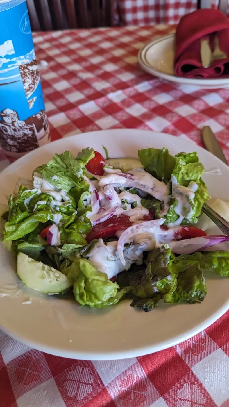 Mixed green salad with tomato, cucumber, red onion, and creamy dressing.